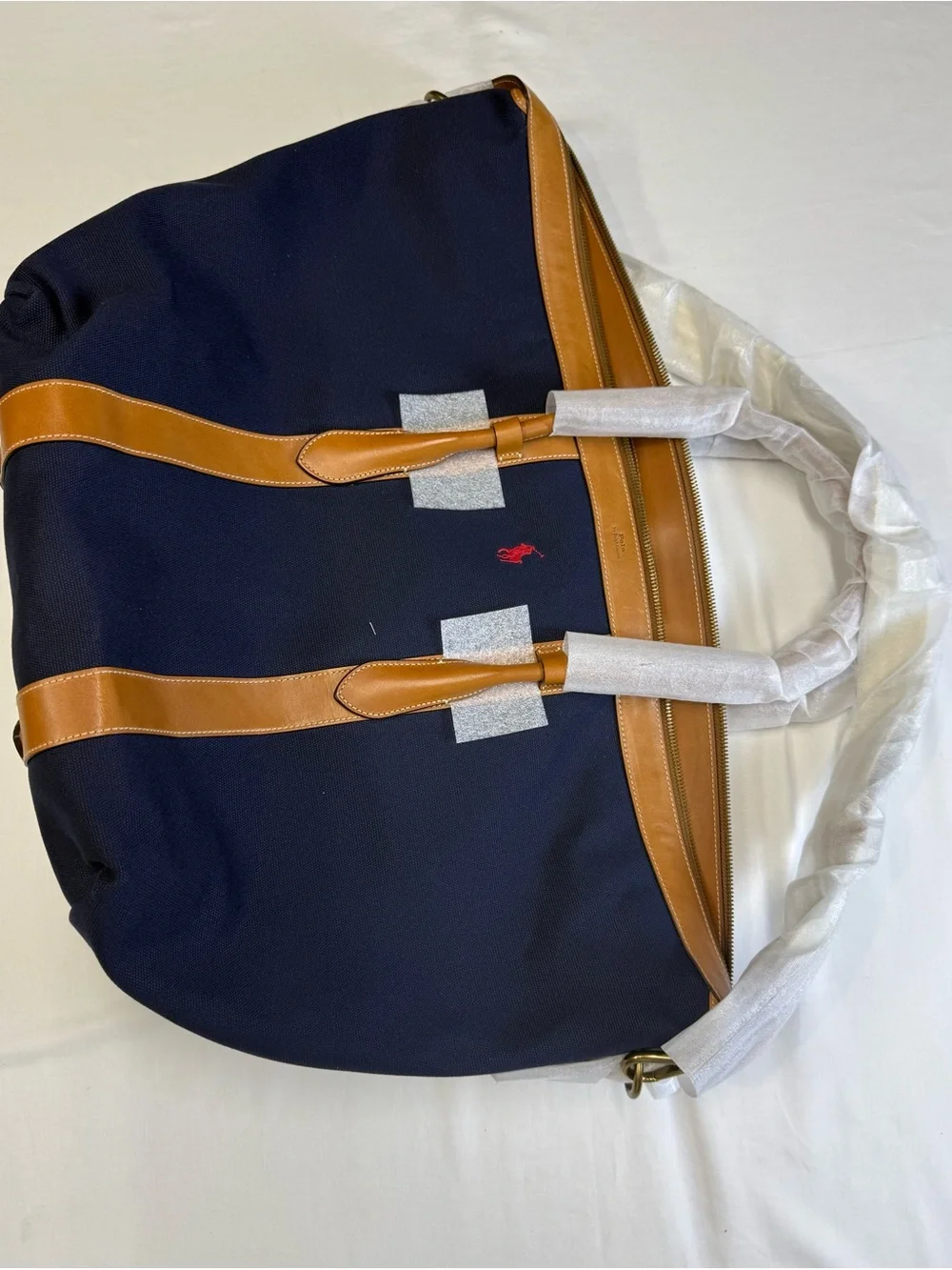 Ralph Lauren Navy Canvas Travel Tote with Tan Leather Trim and Red Polo